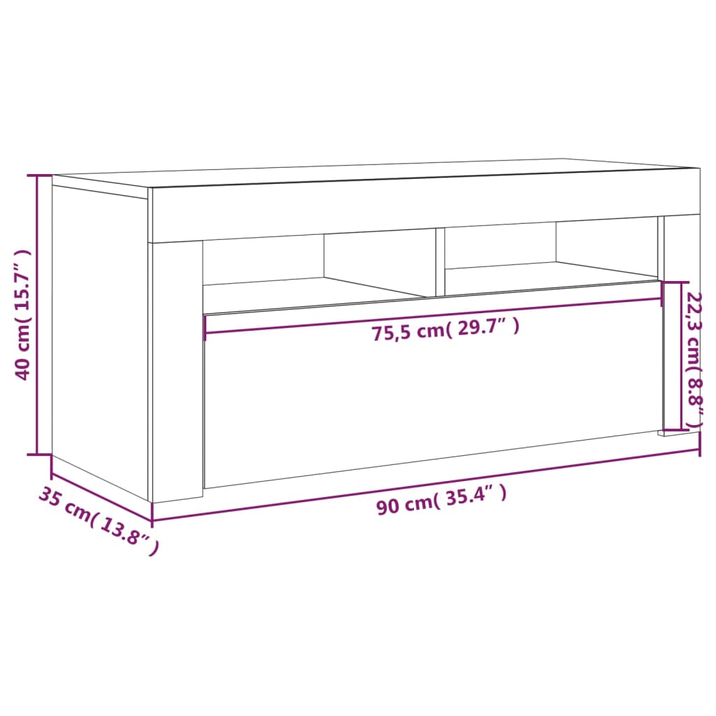 vidaXL telerialus LED-tuledega, hall Sonoma tamm, 90 x 35 x 40 cm