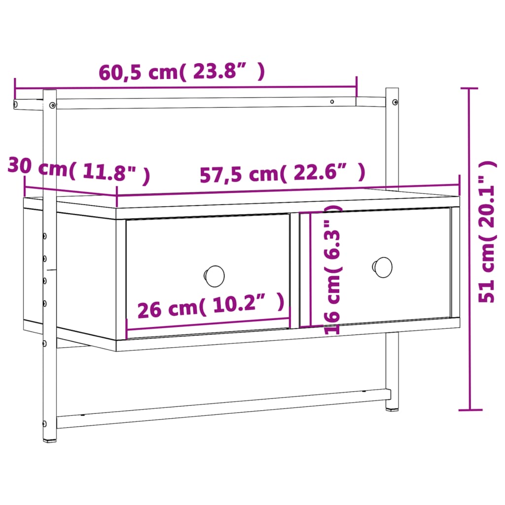 vidaXL seinale kinnitatav telerikapp, hall Sonoma tamm, 60,5x30x51 cm