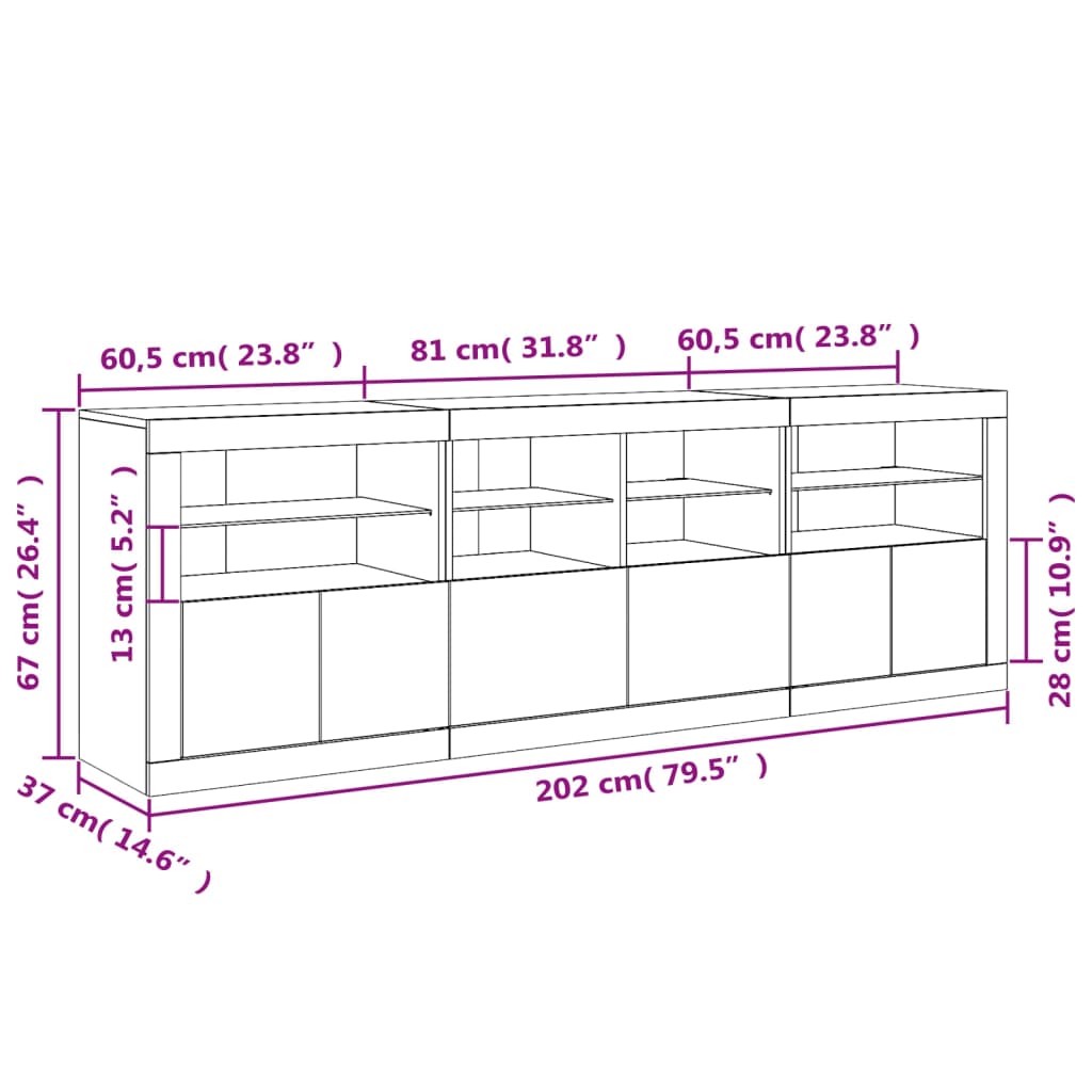 vidaXL puhvetkapp LED-tulega, valge, 202 x 37 x 67 cm