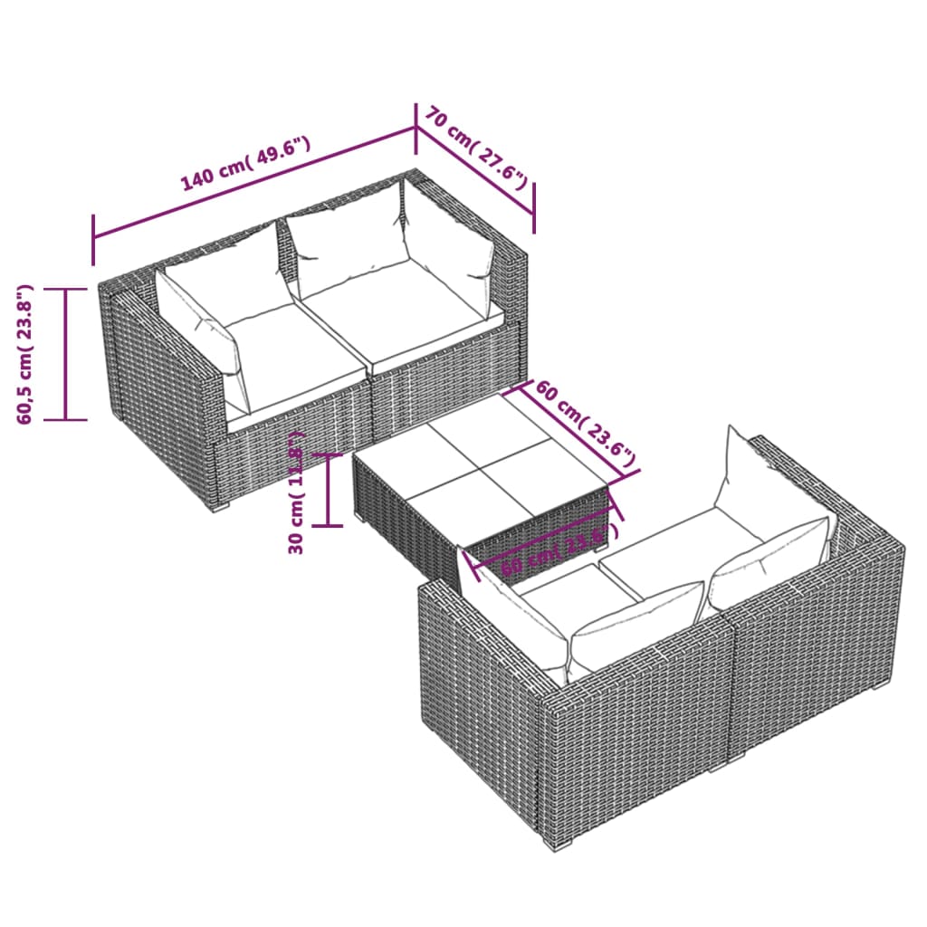 vidaXL 5-osaline aiamööbli komplekt patjadega, polürotang, hall