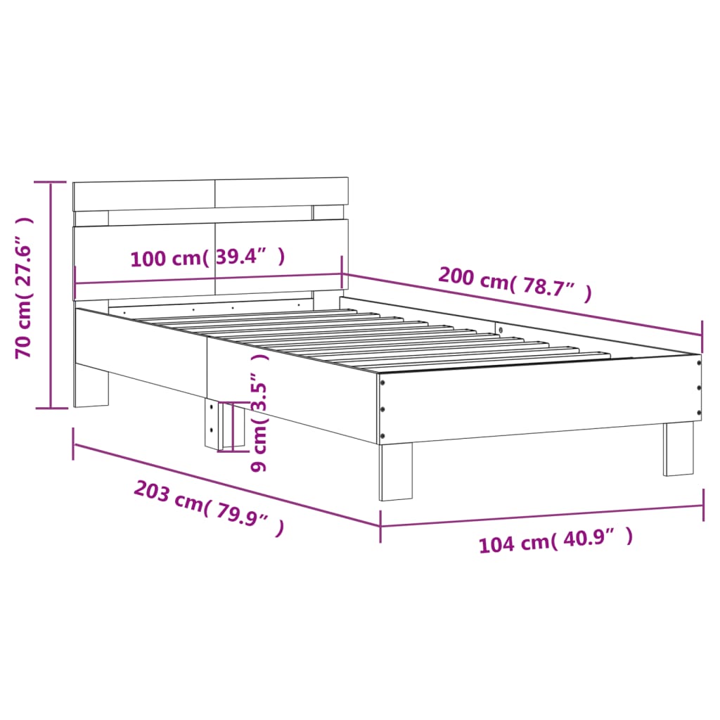 vidaXL voodiraam peatsi ja LED-tuledega, Sonoma tamm, 100x200 cm