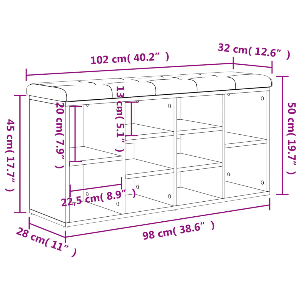 vidaXL jalatsipink, Sonoma tamm, 102 x 32 x 50 cm, tehispuit