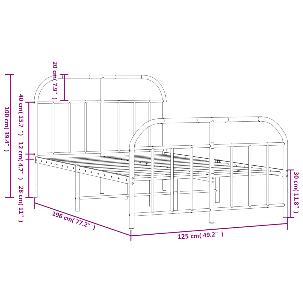 vidaXL metallist voodiraam peatsi ja jalutsiga, must, 120 x 190 cm