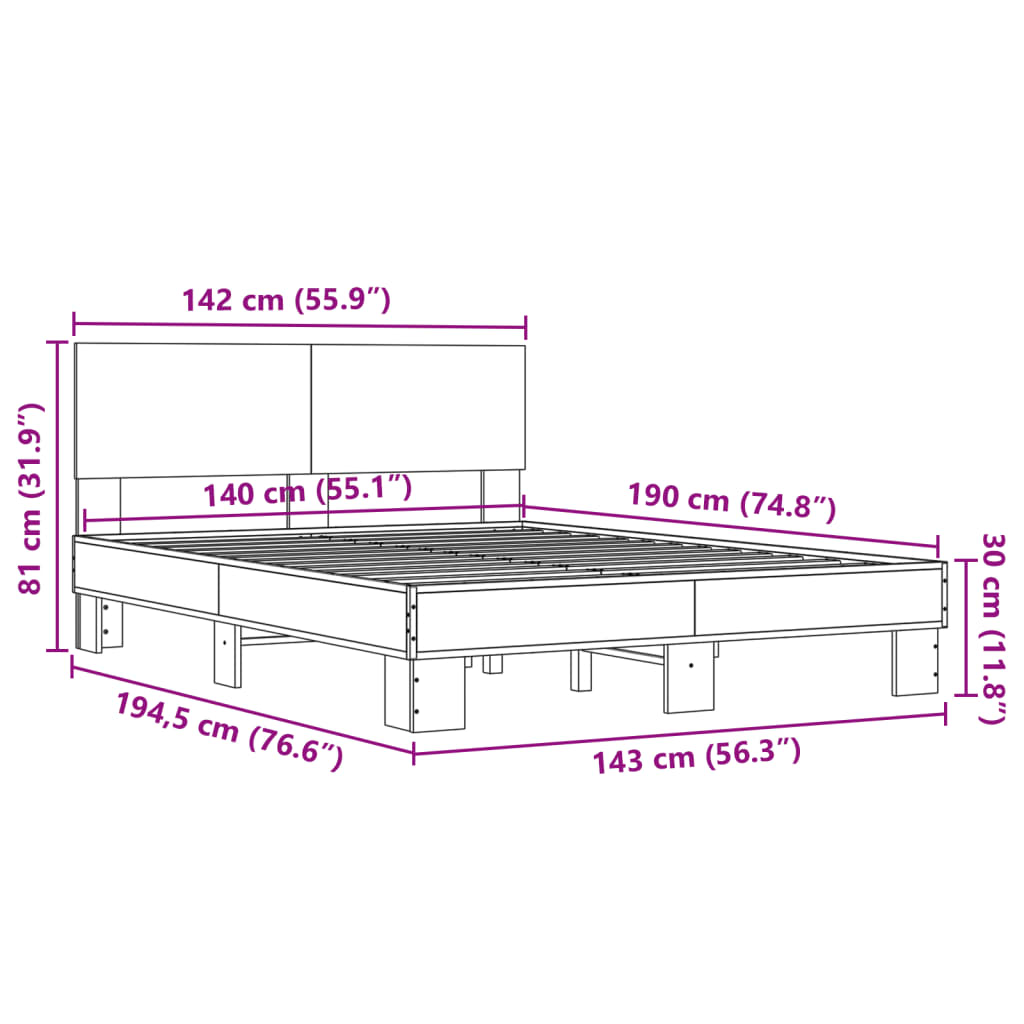 vidaXL voodiraam, Sonoma tamm, 140 x 190 cm, tehispuit ja metall