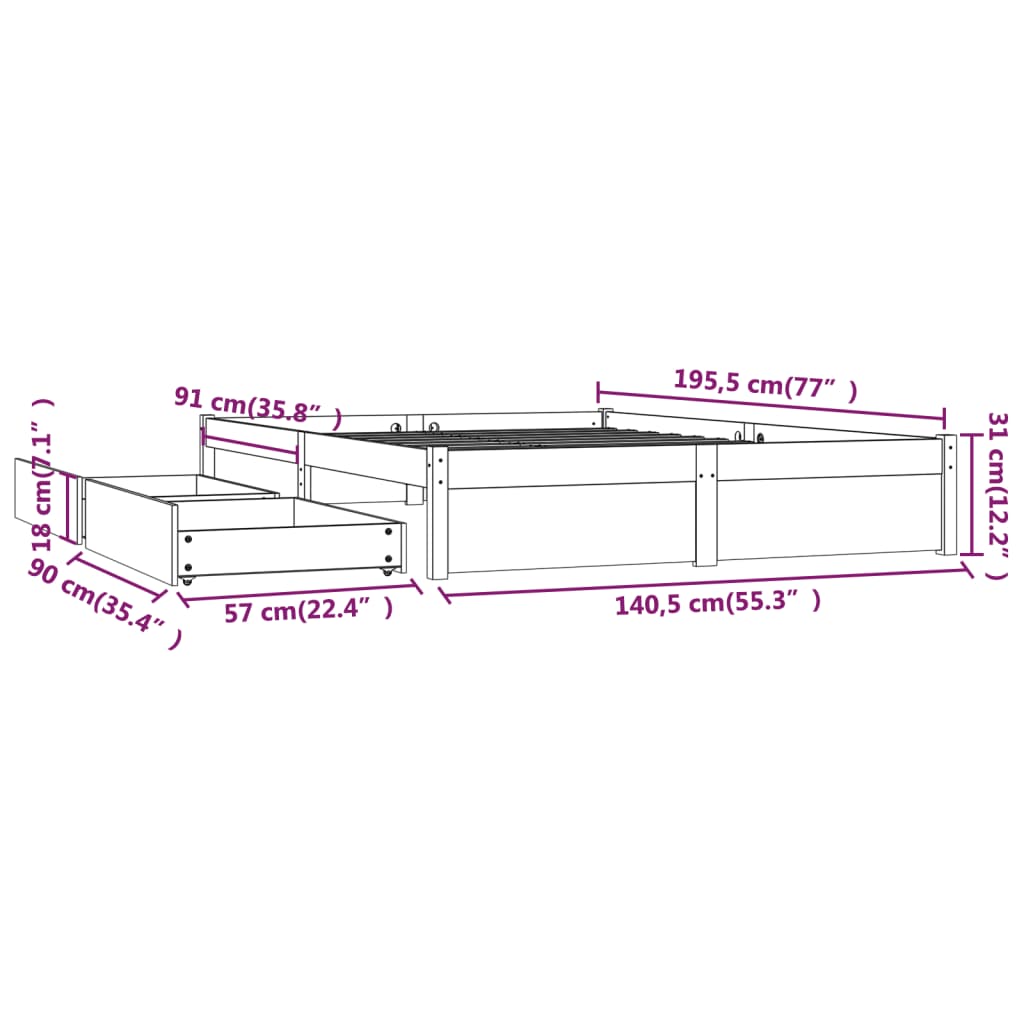 vidaXL sahtlitega voodiraam, must, 135 x 190 cm