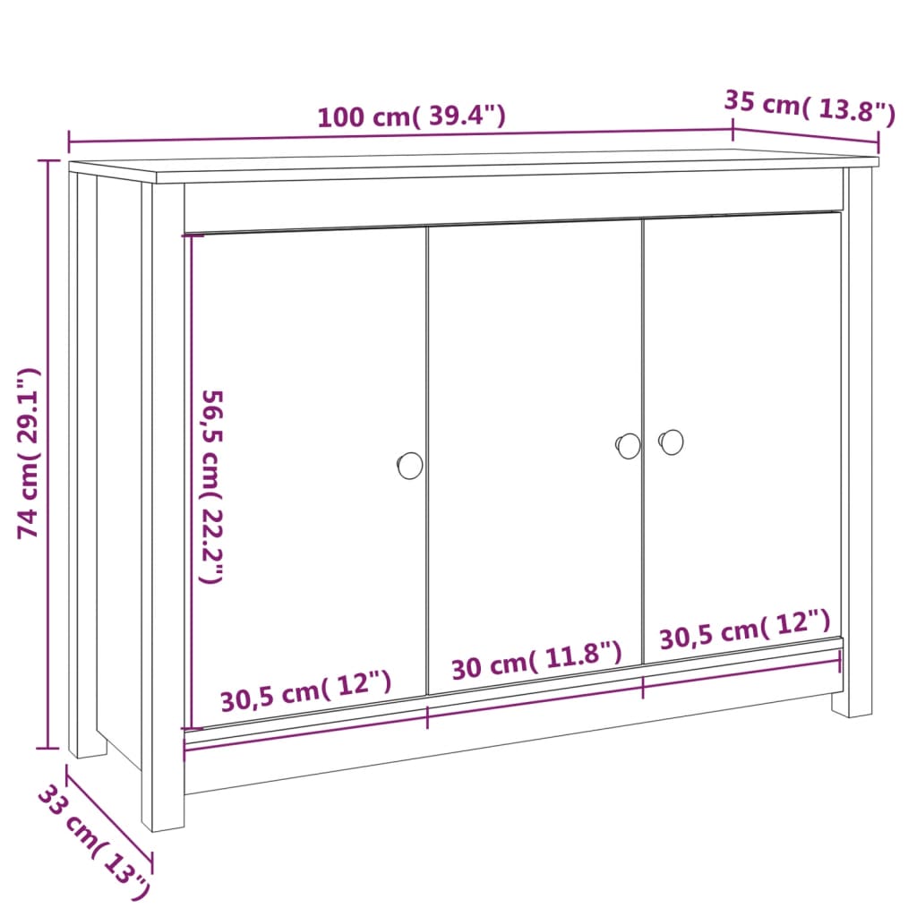 vidaXL puhvetkapp, valge, 100x35x74 cm, täismännipuit