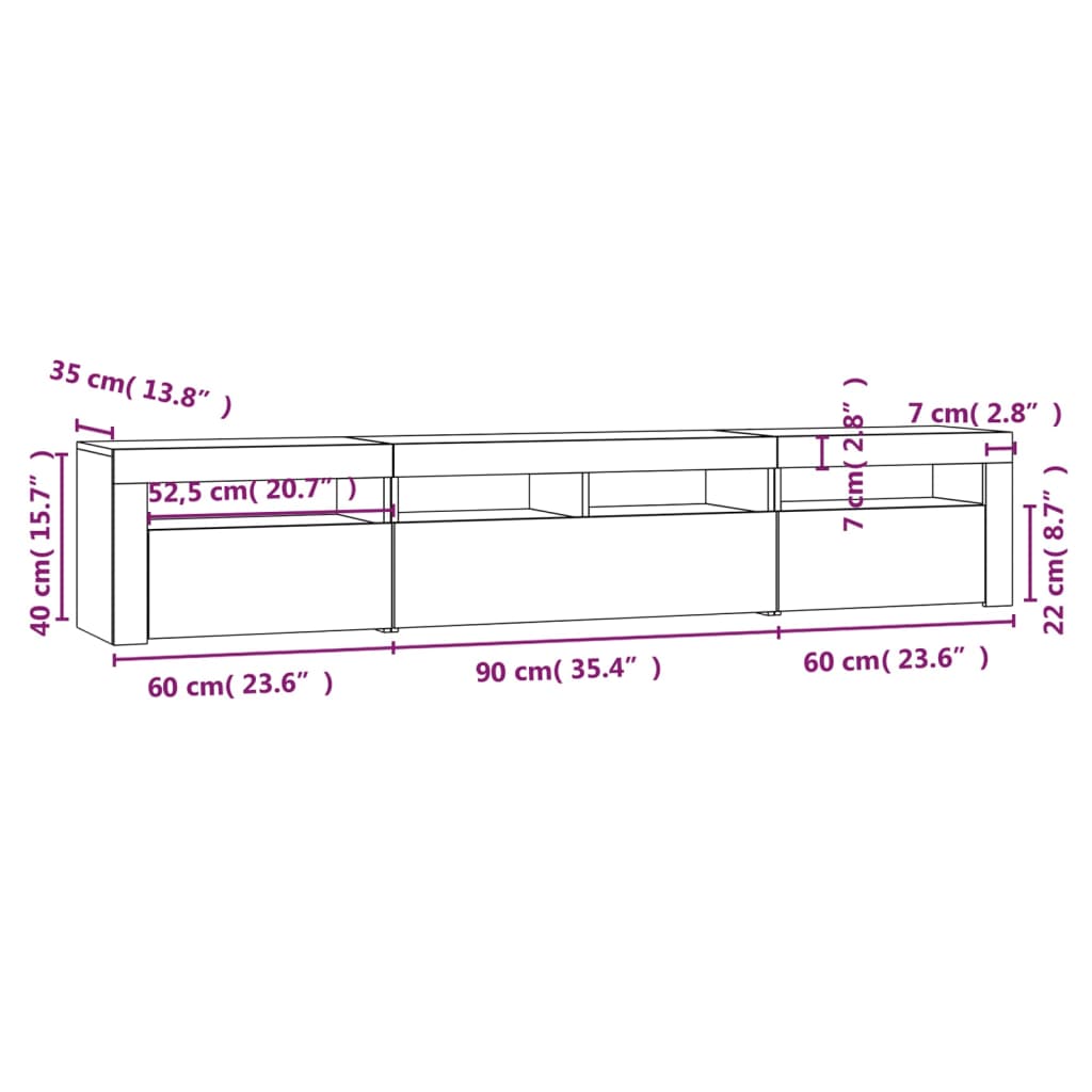 vidaXL telerialus LED-tuledega, hall Sonoma tamm, 210x35x40 cm