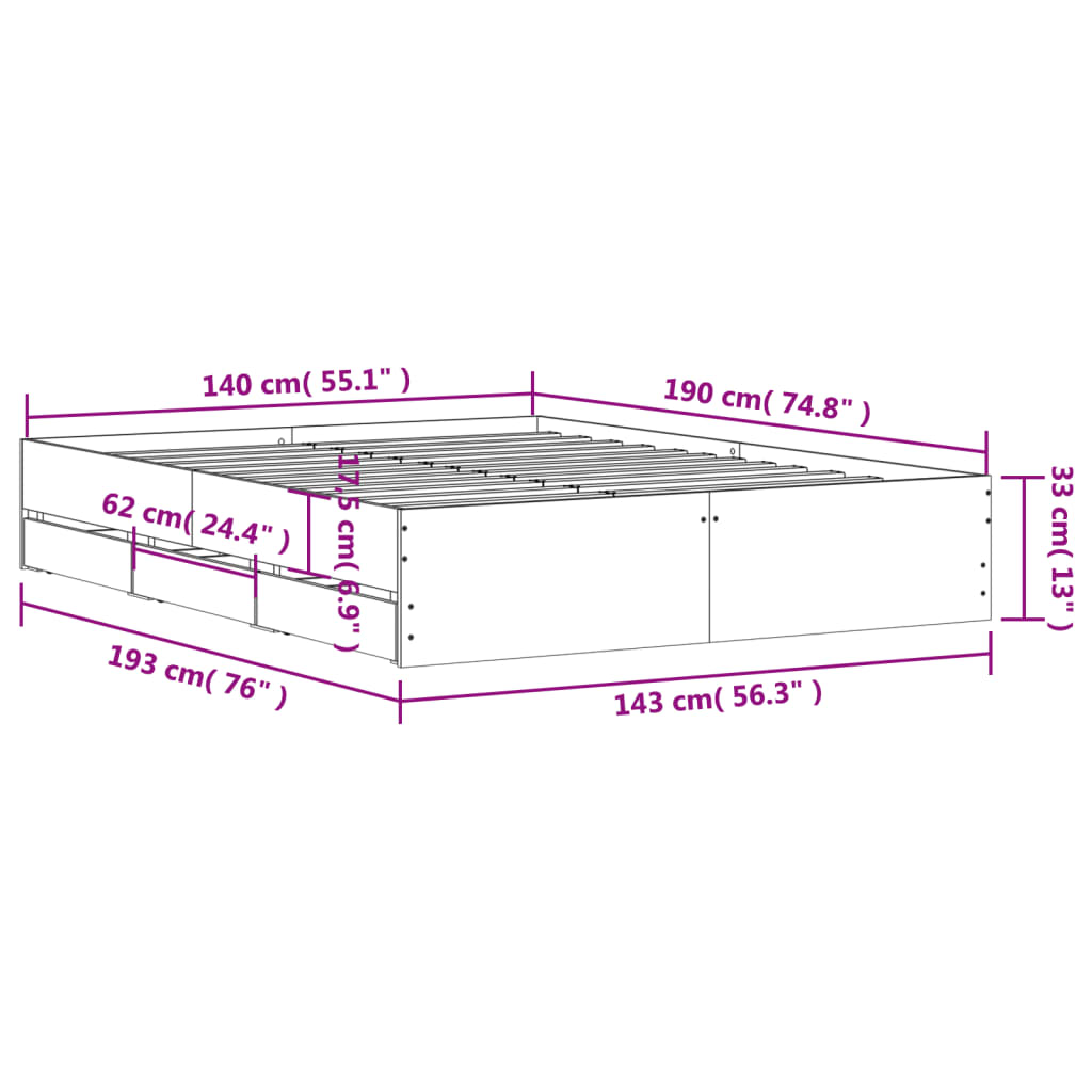 vidaXL voodiraam sahtlitega, hall Sonoma tamm, 140x190 cm, tehispuit