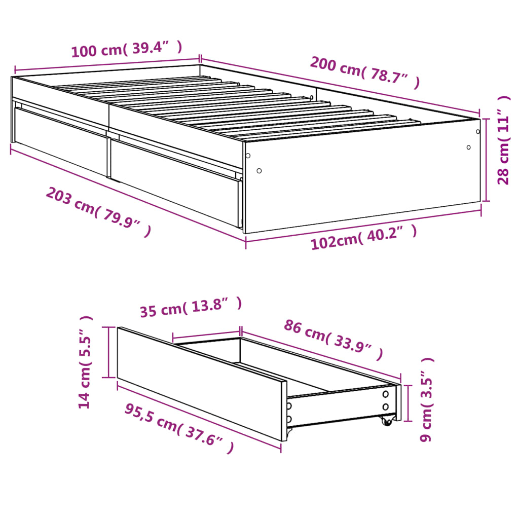 vidaXL voodiraam sahtlitega, suitsutatud tamm, 100x 200 cm, tehispuit