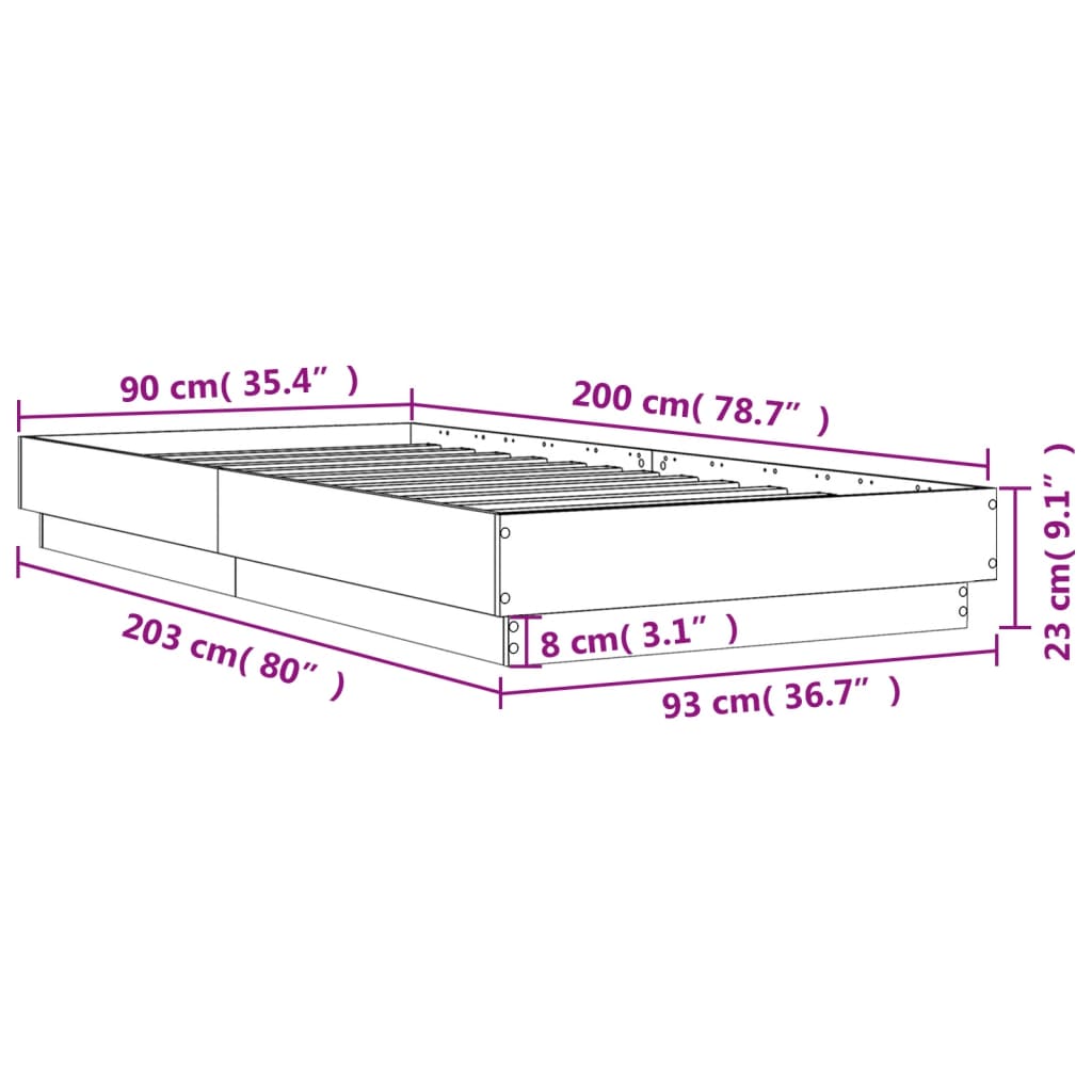 vidaXL voodiraam, hall Sonoma tamm, 90 x 200 cm, tehispuit