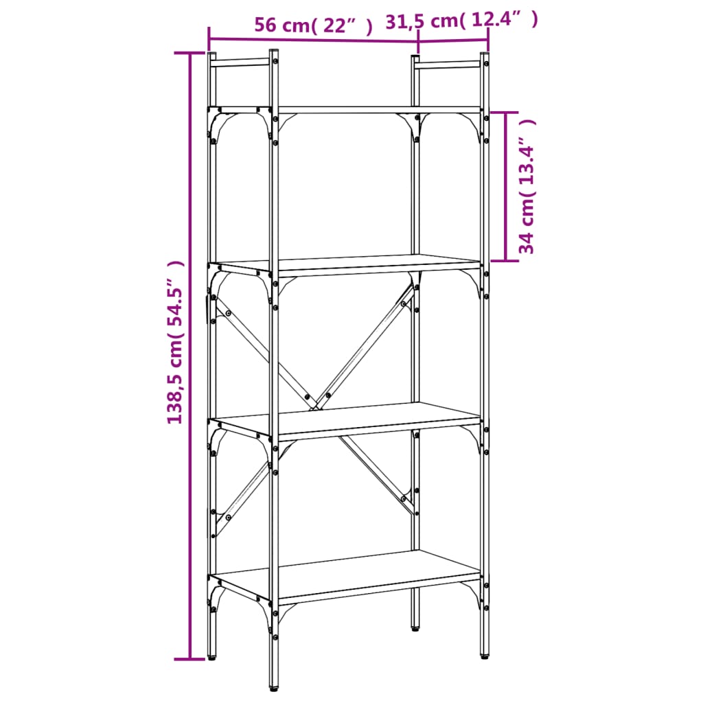 vidaXL raamaturiiul 4 korrust, suitsutamm, 56x31,5x138,5 cm, tehispuit