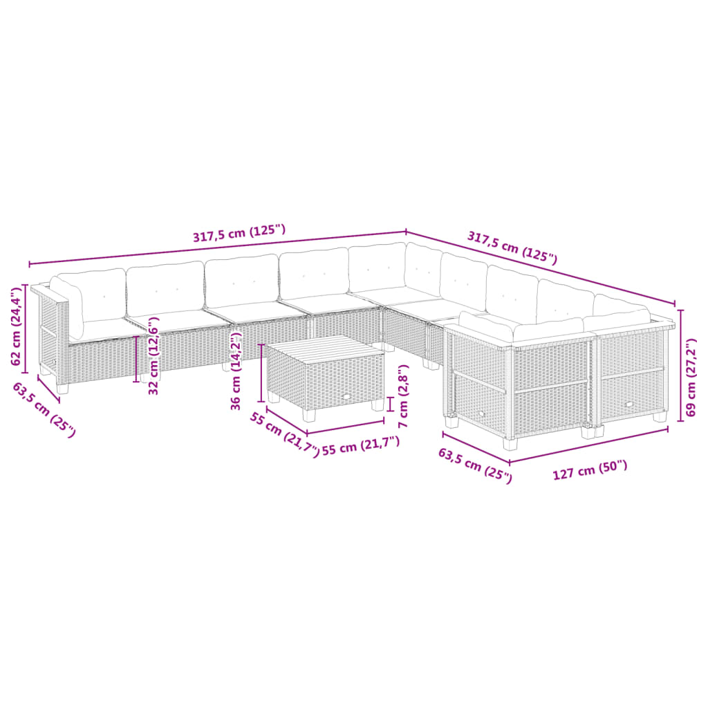 vidaXL 11-osaline aiadiivani komplekt patjadega, hall, polürotang