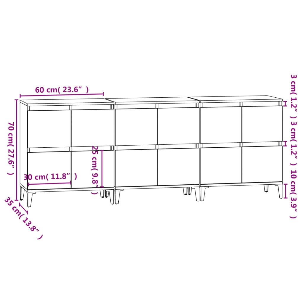 vidaXL puhvetkapid 3 tk, hall Sonoma tamm, 60 x 35 x 70 cm, tehispuit