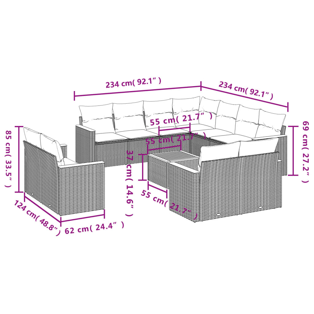 vidaXL 12-osaline aiadiivani komplekt patjadega, hall, polürotang