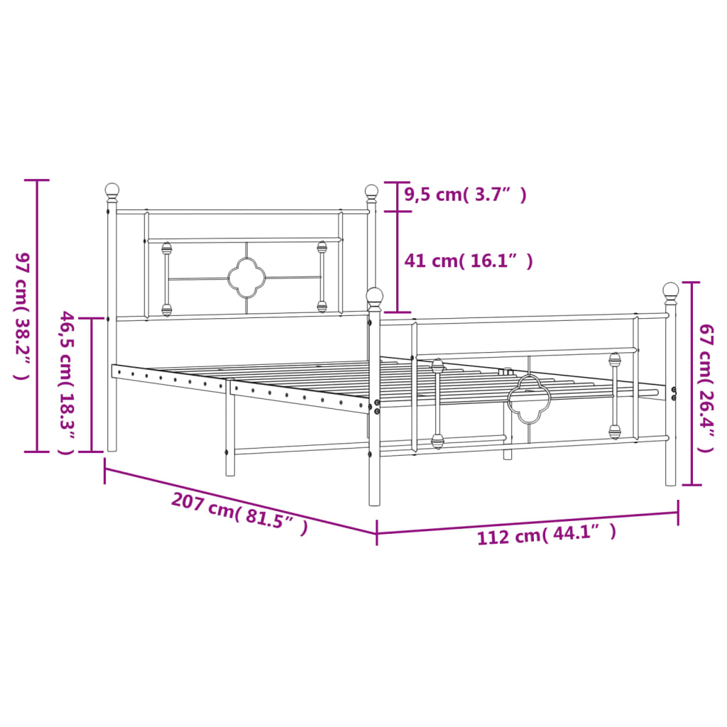 vidaXL metallist voodiraam peatsi ja jalutsiga, valge, 107x203 cm