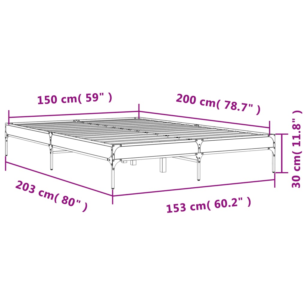 vidaXL voodiraam, hall Sonoma tamm, 150 x 200 cm, tehispuit ja metall