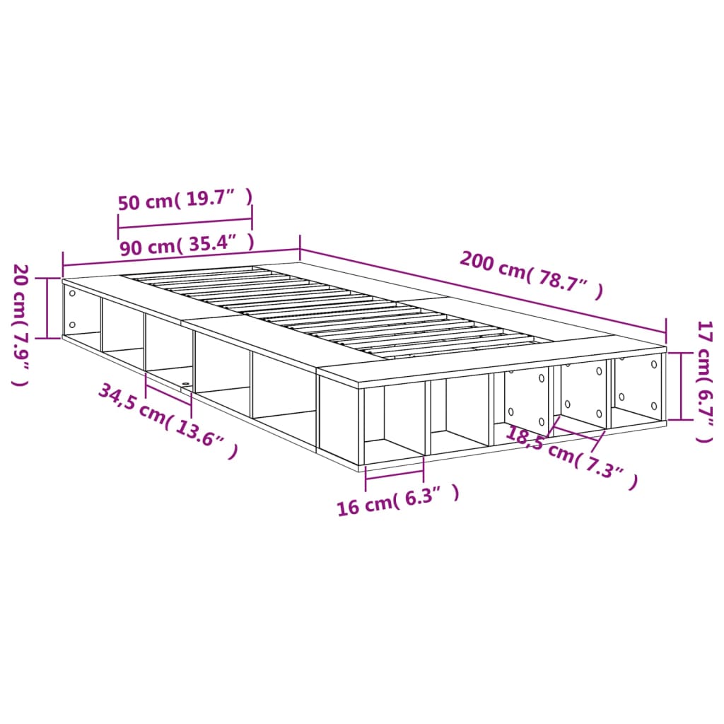 vidaXL voodiraam, suitsutatud tamm, 90 x 200 cm, tehispuit