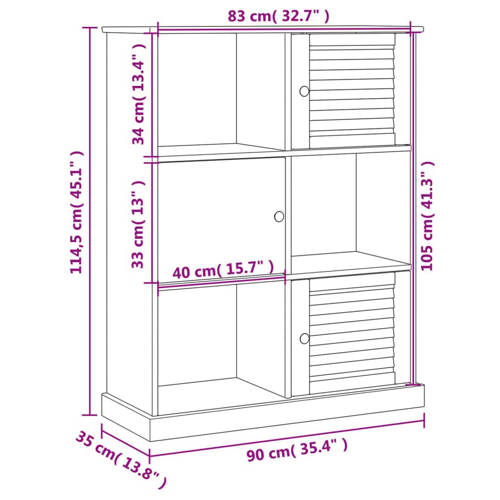 vidaXL raamatukapp "VIGO", valge, 90 x 35 x 114,5 cm, männipuit