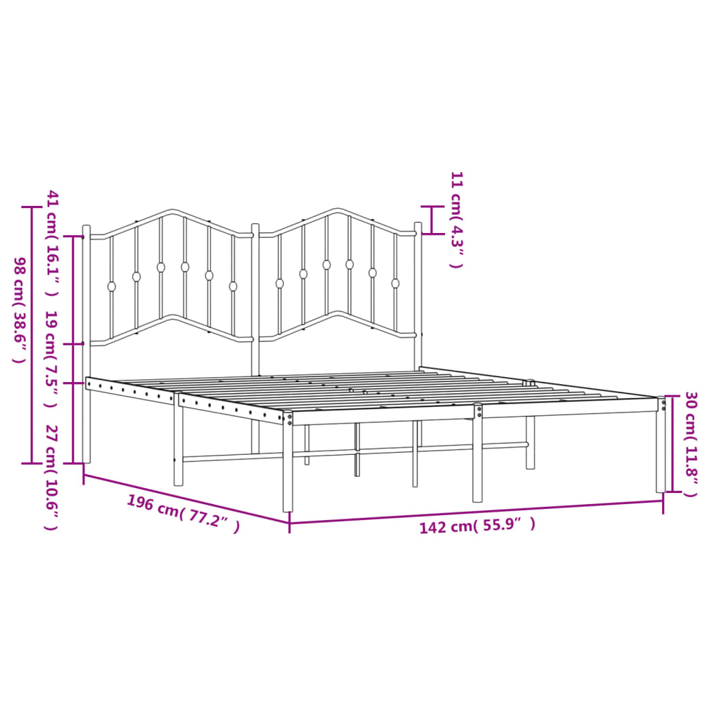 vidaXL metallist voodiraam peatsiga, valge, 135x190 cm