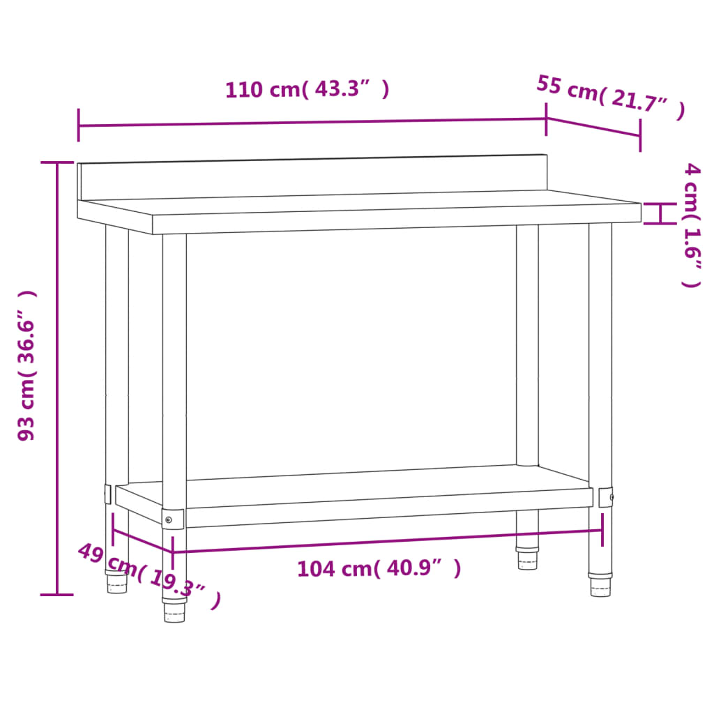 vidaXL köögi töölaud pritsmekaitsmega, 110x55x93 cm, roostevaba teras