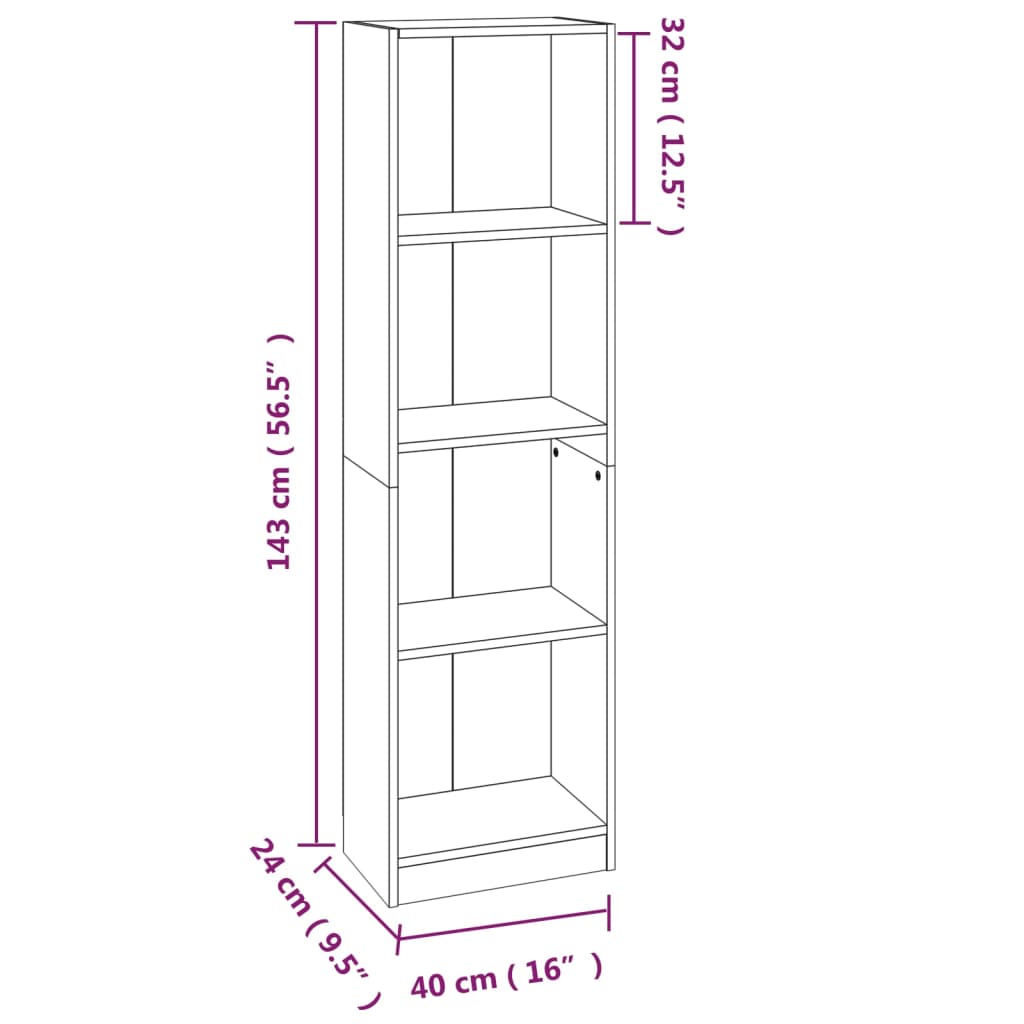 vidaXL 4 riiuliga raamaturiiul, hall Sonoma tamm, 40 x 24 x 143 cm