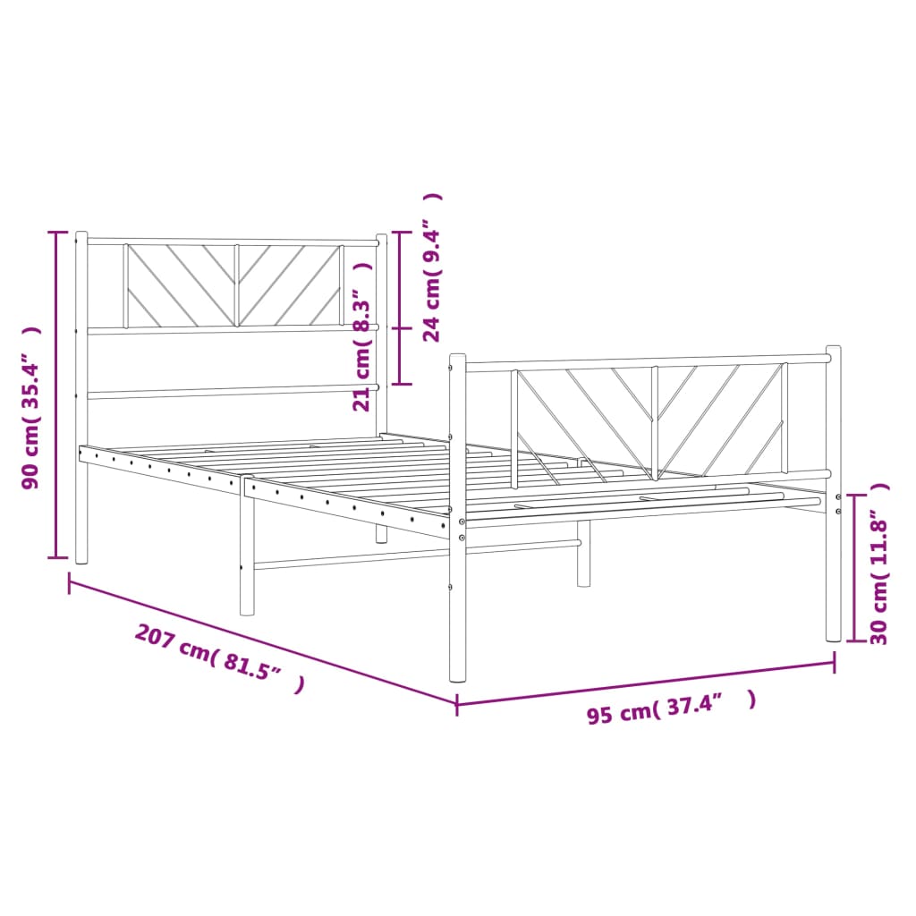 vidaXL metallist voodiraam peatsi ja jalutsiga, valge, 90 x 200 cm