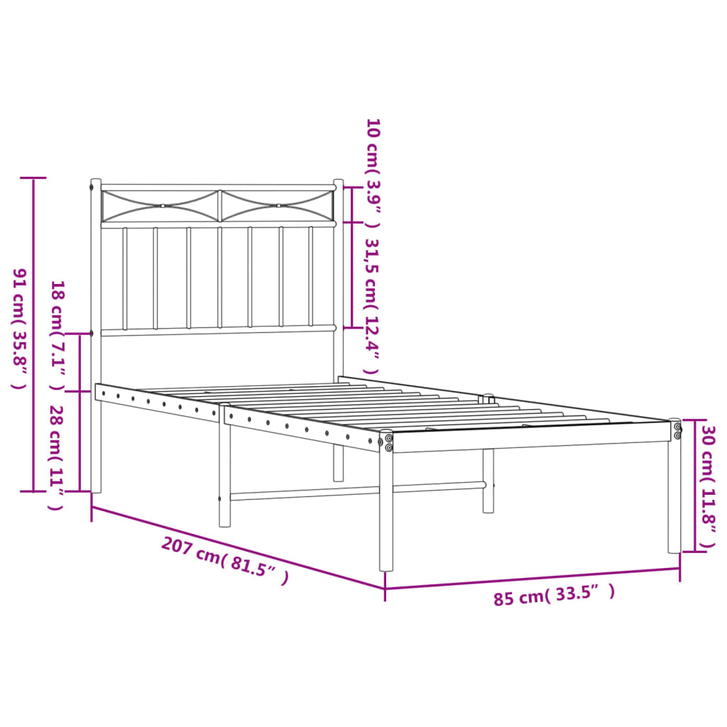 vidaXL metallist voodiraam peatsiga, valge, 80x200 cm