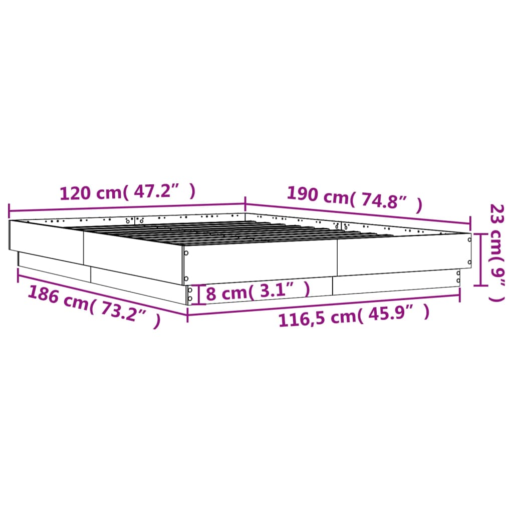 vidaXL voodiraam LED-tuledega, hall Sonoma tamm, 120 x 190 cm