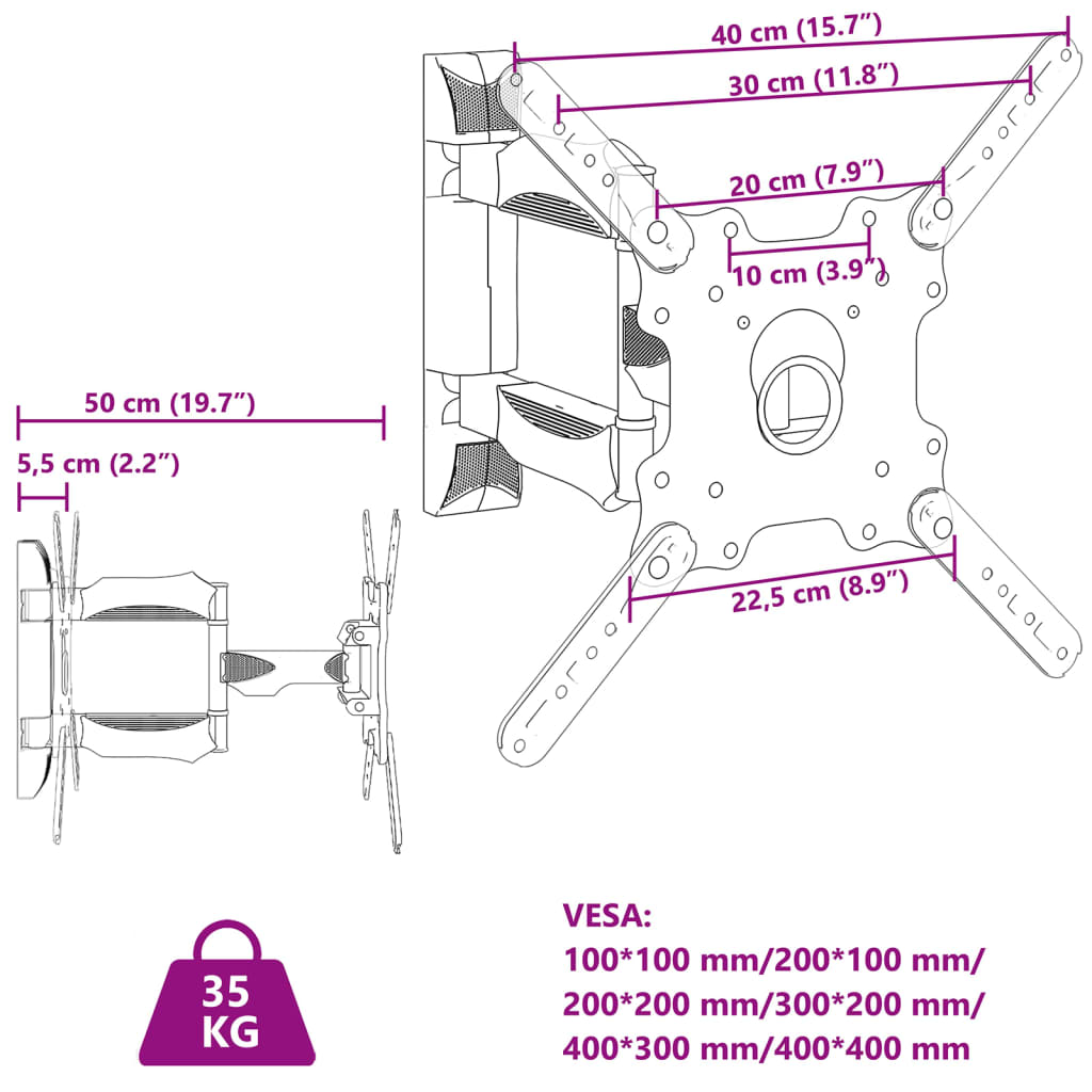 vidaXL teleri seinakinnitus, 32-55 tolli, max VESA 400x400 mm 35 kg