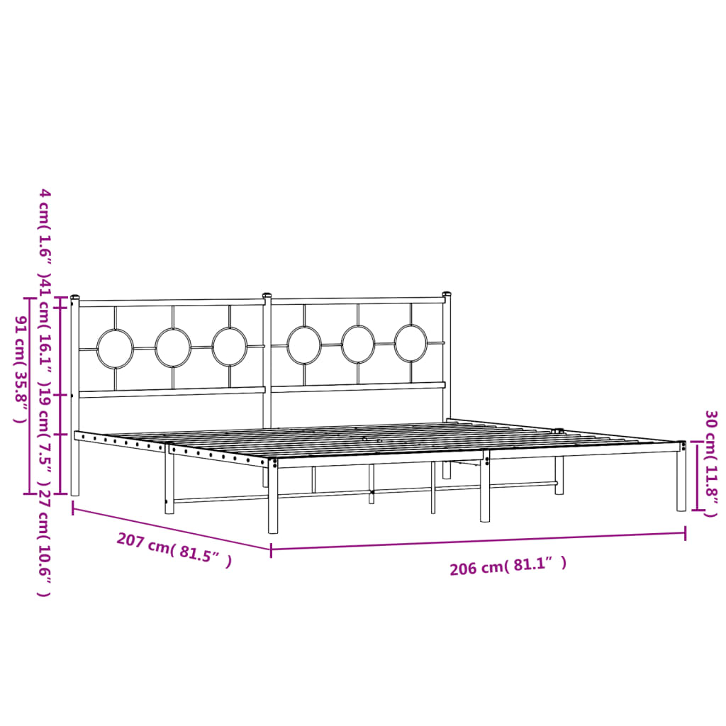 vidaXL metallist voodiraam peatsiga, must, 200x200 cm