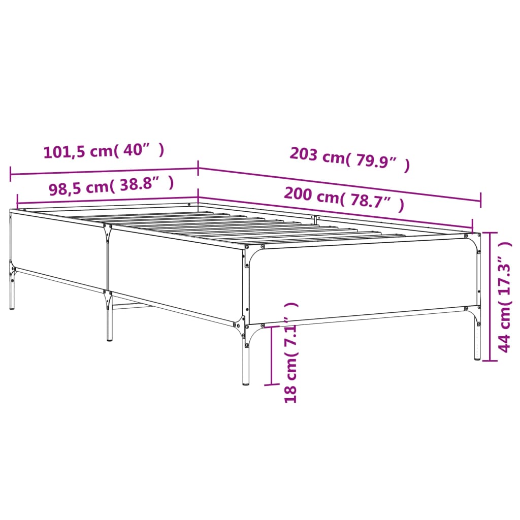 vidaXL voodiraam, suitsutatud tamm, 100 x 200 cm, tehispuit ja metall