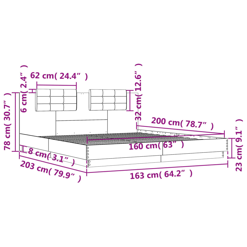 vidaXL voodiraam peatsi ja LED-tuledega, Sonoma tamm, 160 x 200 cm