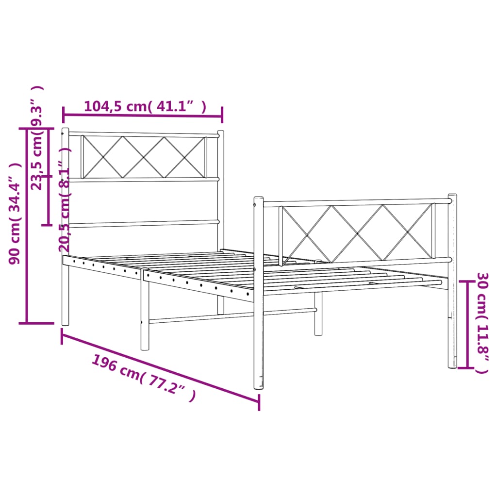 vidaXL metallist voodiraam peatsi ja jalutsiga, valge, 100x190 cm