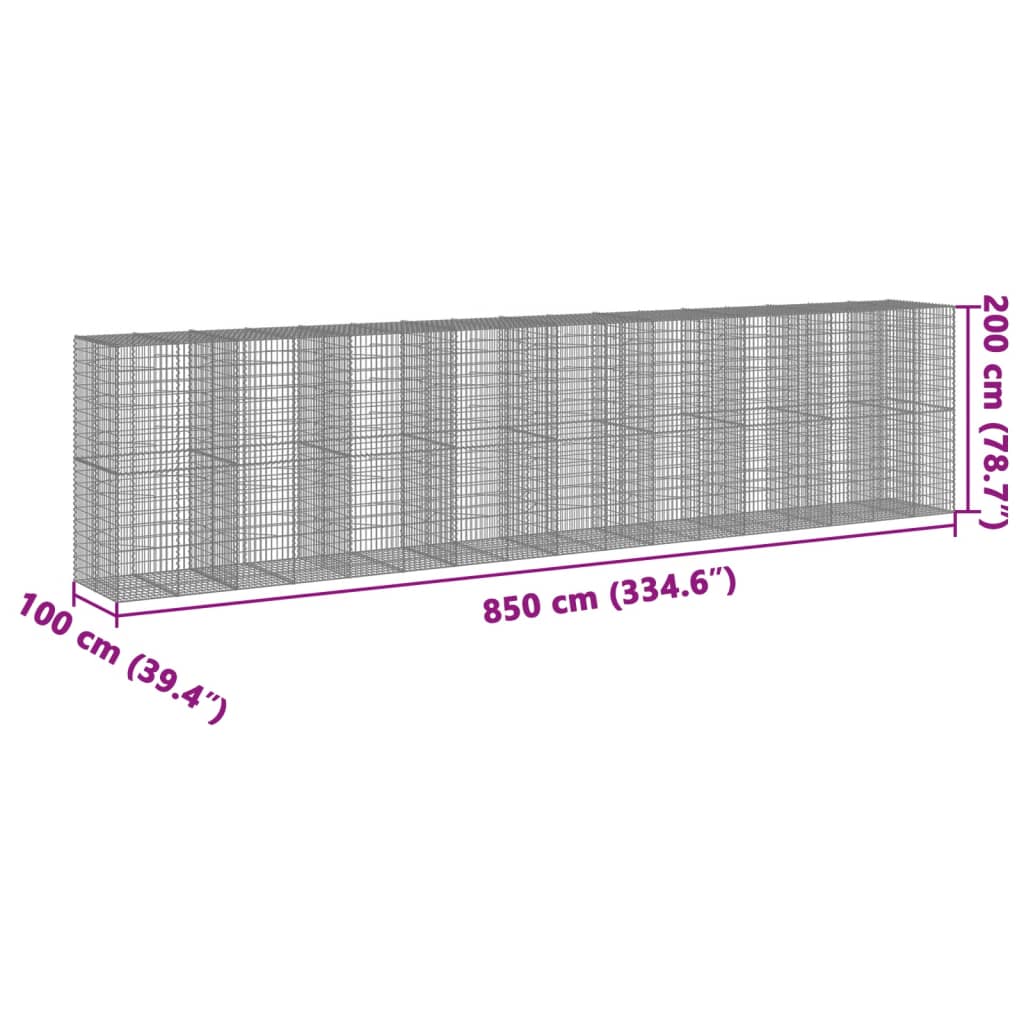 vidaXL kaanega gabioonkorv, 850x100x200 cm, tsingitud raud