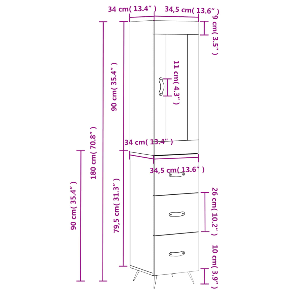 vidaXL kõrge kapp, hall Sonoma tamm, 34,5x34x180 cm, tehispuit