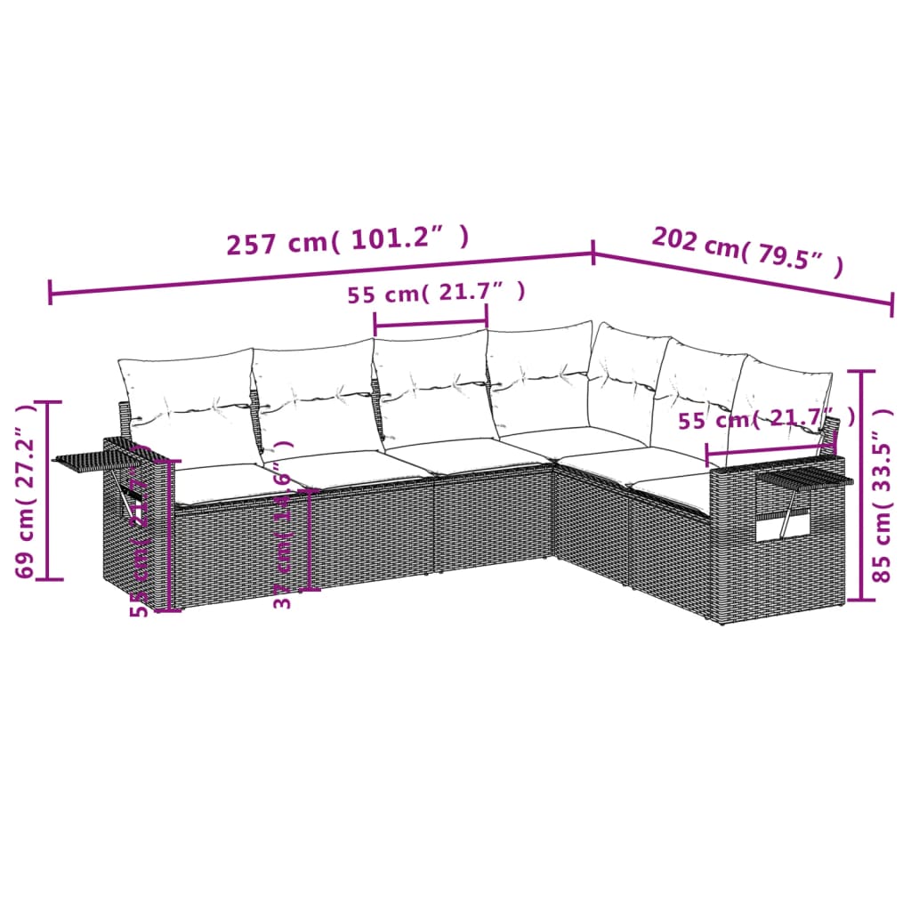 vidaXL 6-osaline aiadiivani komplekt patjadega, hall, polürotang