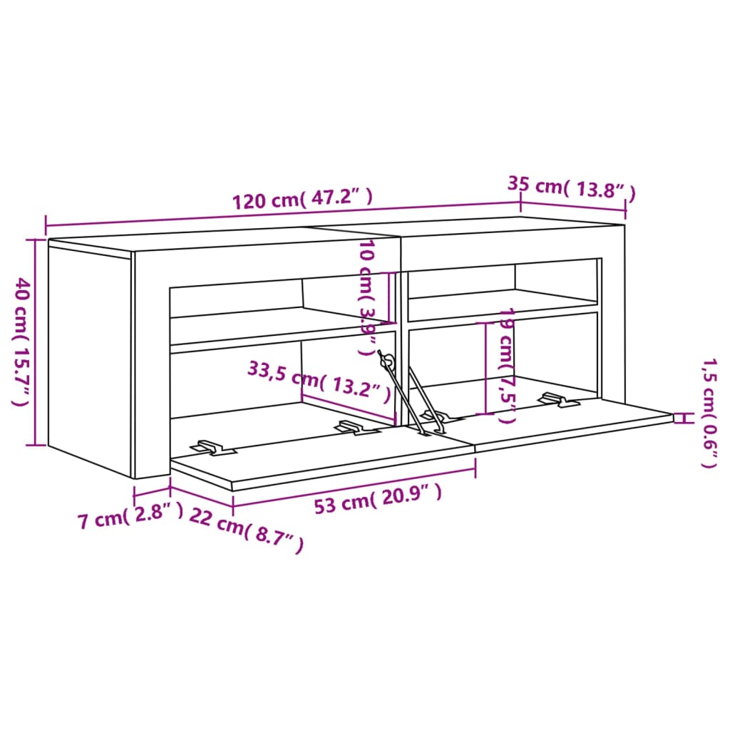 vidaXL telerialus LED-tuledega, hall Sonoma tamm, 120 x 35 x 40 cm