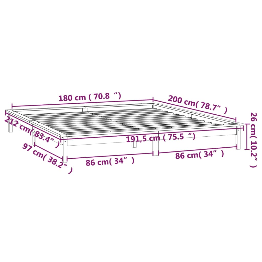 vidaXL LED-voodiraam, hall, 180 x 200 cm, täispuit