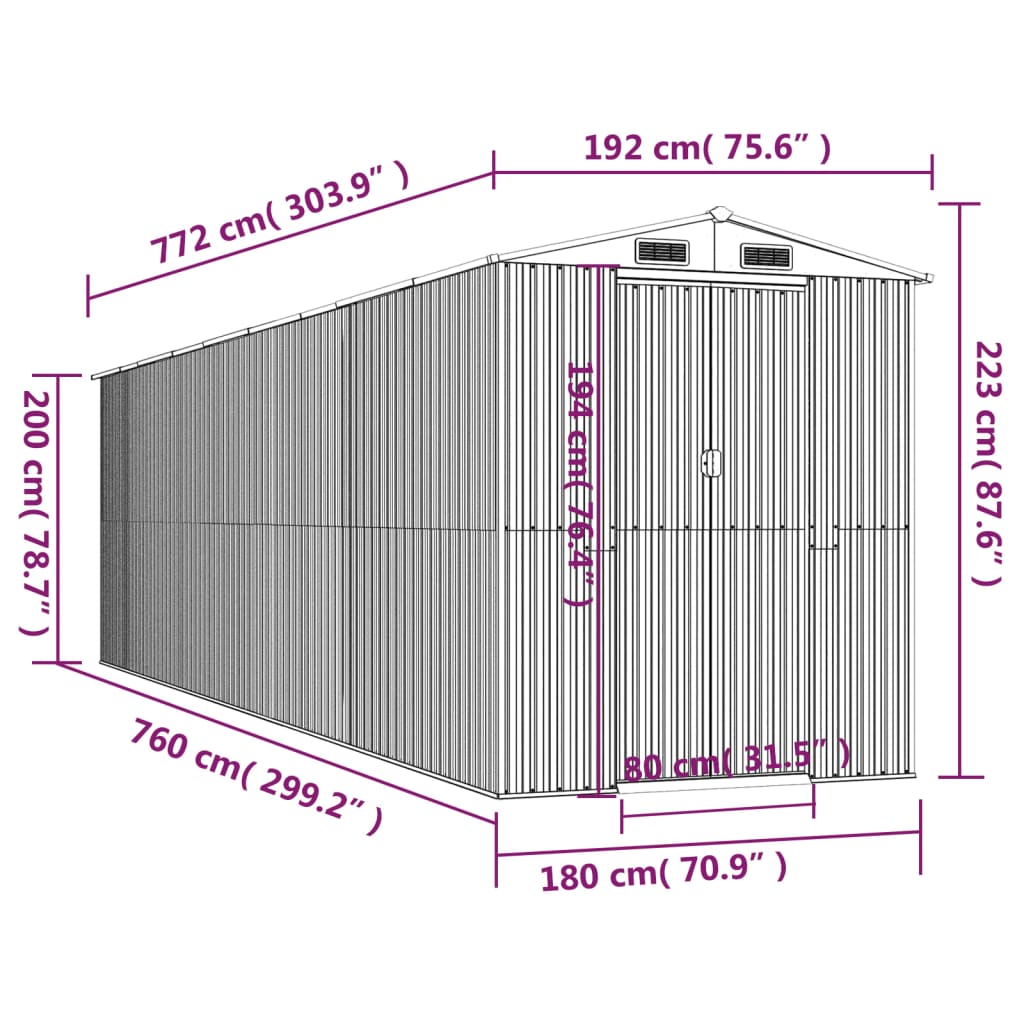 vidaXL aiakuur, roheline, 192x772x223 cm, tsingitud teras