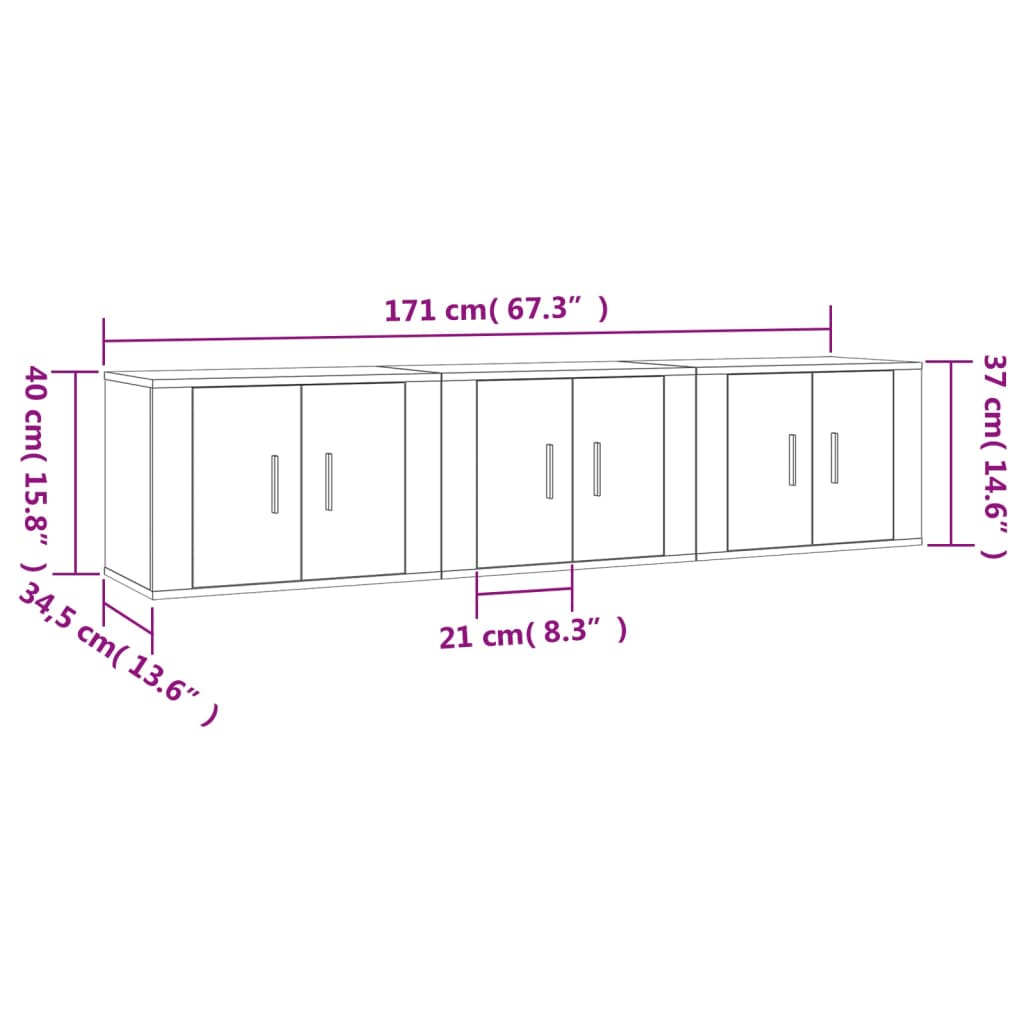 vidaXL seinale kinnitatavad telerikapid, 3 tk, valge, 57x34,5x40 cm