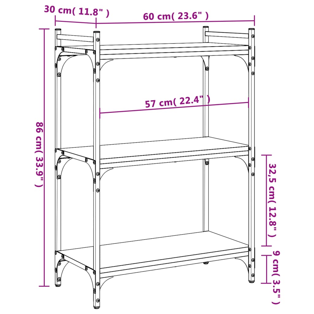 vidaXL raamaturiiul 3 korrust, pruun tamm, 60 x 30 x 86 cm, tehispuit