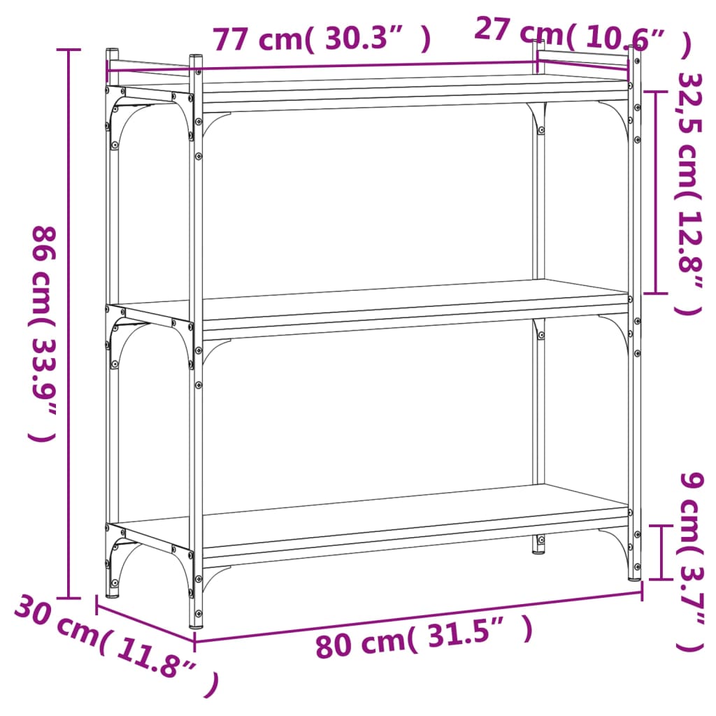 vidaXL raamaturiiul 3 korrust, pruun tamm, 80 x 30 x 86 cm, tehispuit