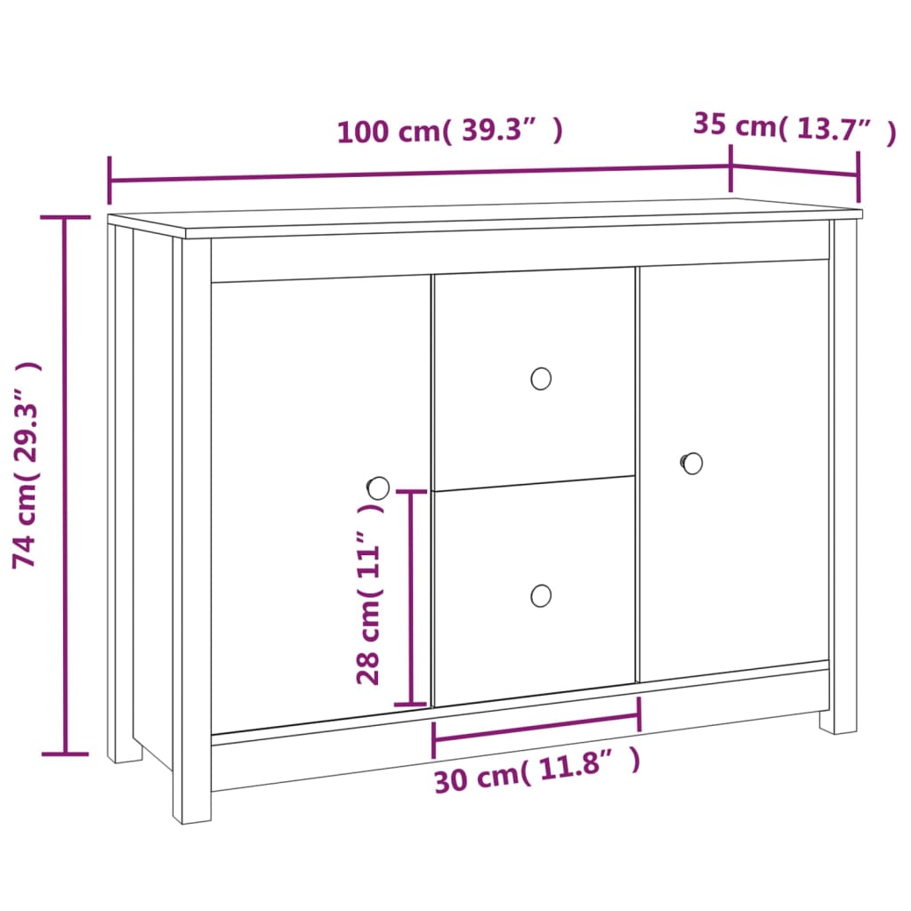 vidaXL puhvetkapp, valge, 100 x 35 x 74 cm, männipuit