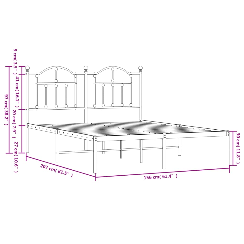 vidaXL metallist voodiraam peatsiga, valge, 150x200 cm