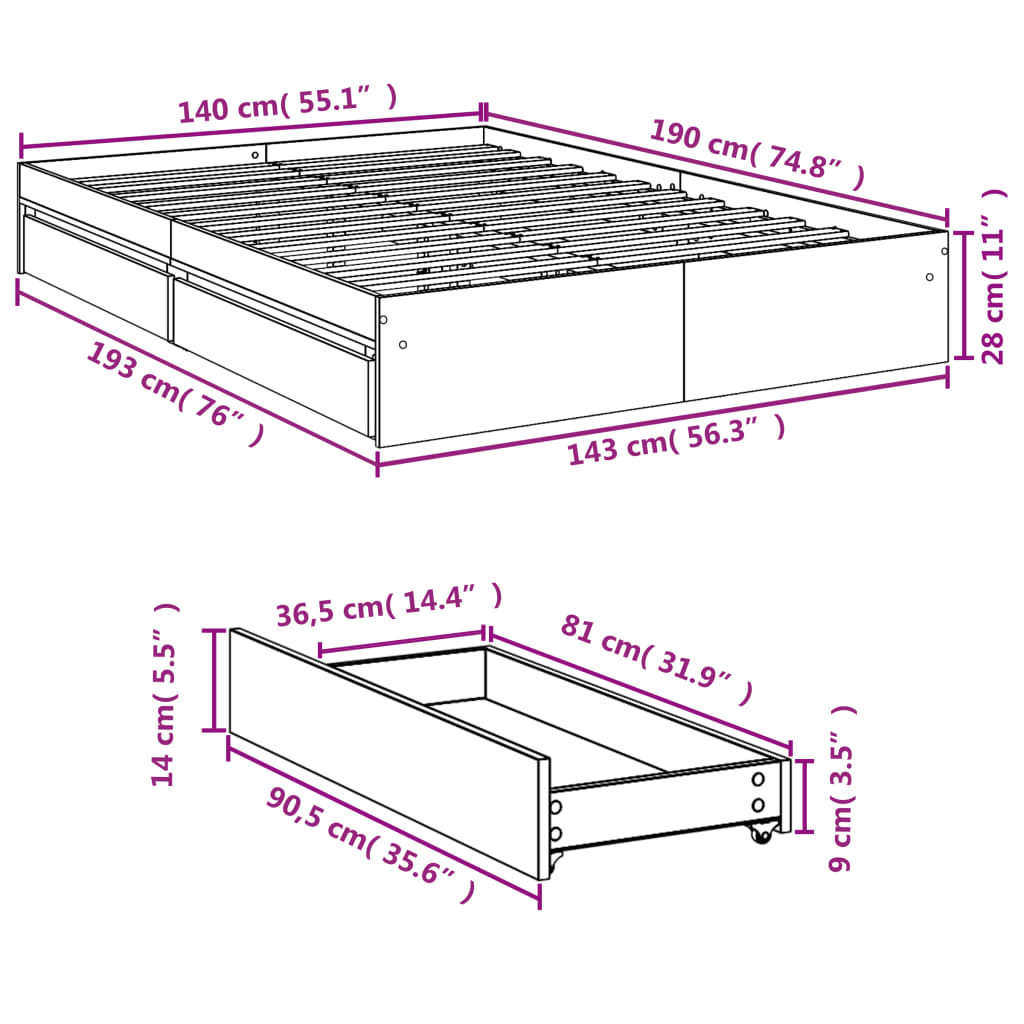 vidaXL voodiraam sahtlitega, suitsutatud tamm, 140x190 cm, tehispuit