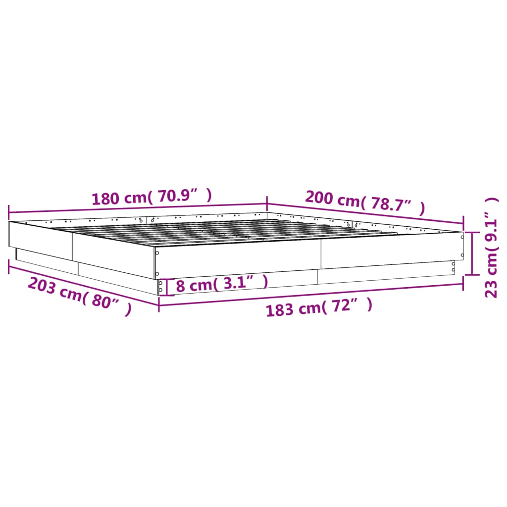 vidaXL voodiraam LED-tuledega, Sonoma tamm, 180 x 200 cm