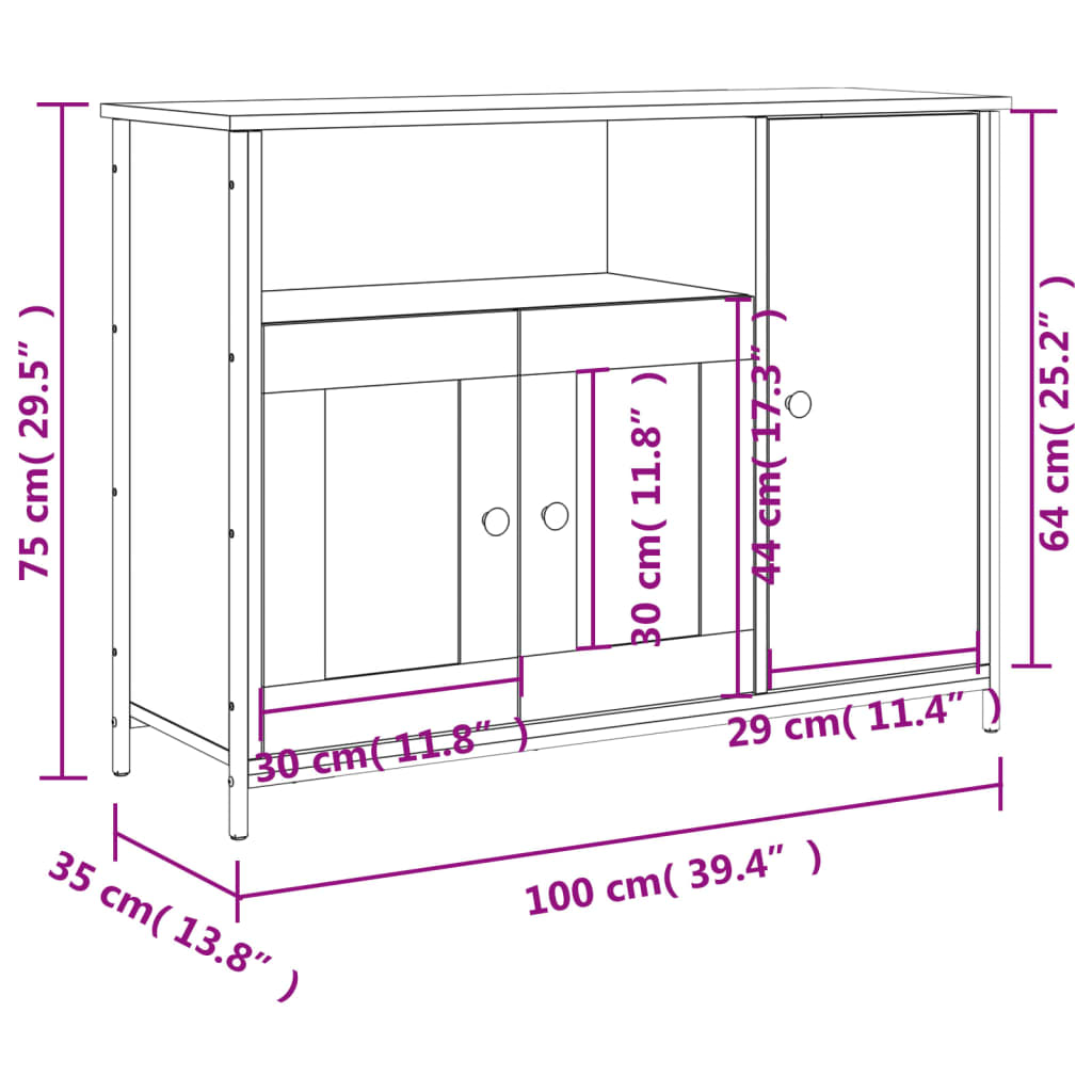 vidaXL puhvetkapp, hall Sonoma tamm, 100 x 35 x 75 cm, tehispuit