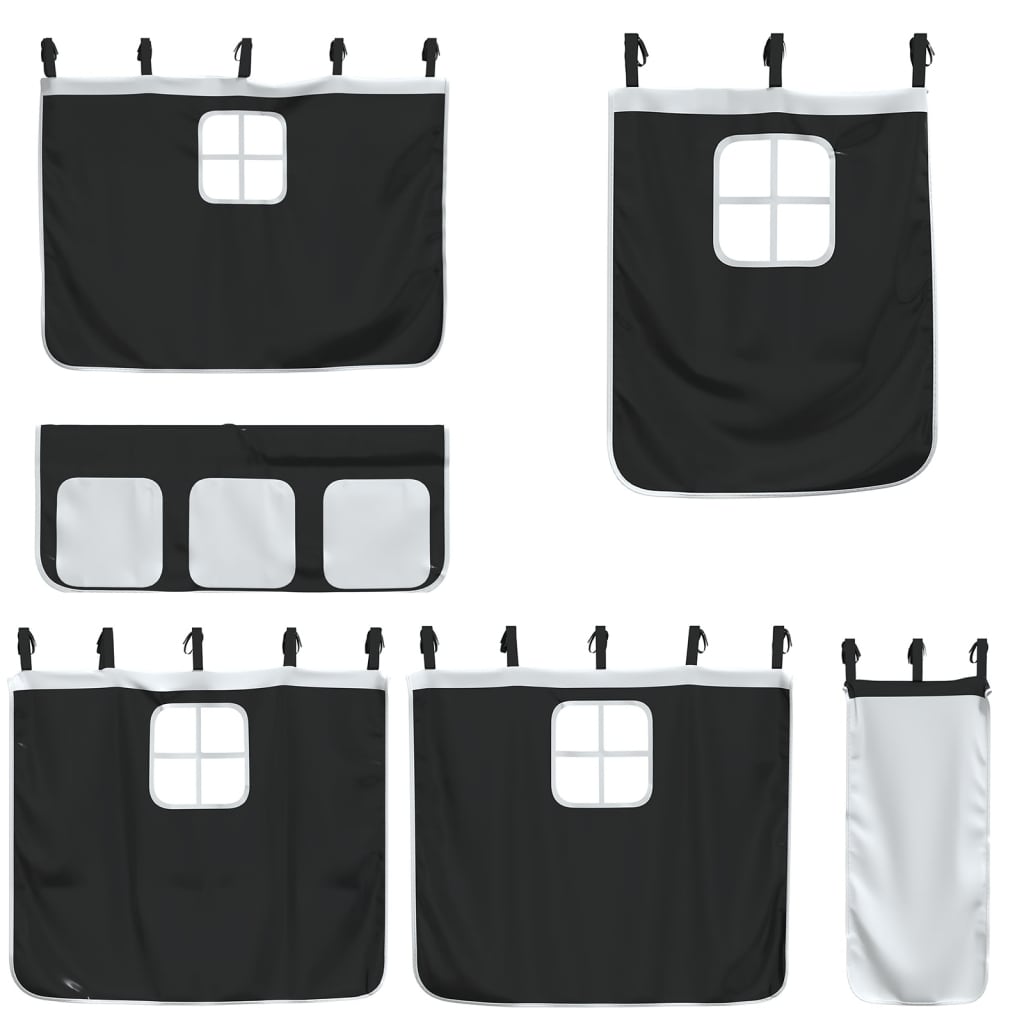 vidaXL laste kõrge voodi kardinatega, valge/must, 90x200 cm, männipuit