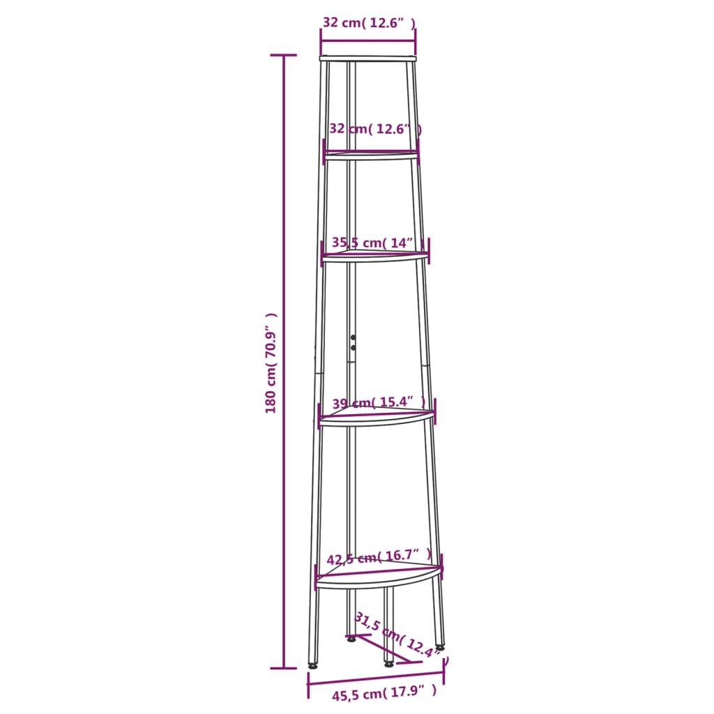 vidaXL 5 riiuliga nurgariiul, must, 45,5 x 31,5 x 180 cm