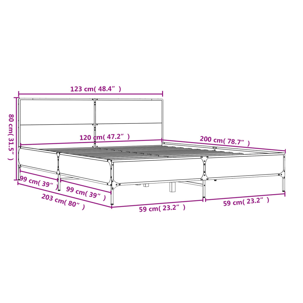 vidaXL voodiraam, pruun tamm, 120 x 200 cm, tehispuit ja metall